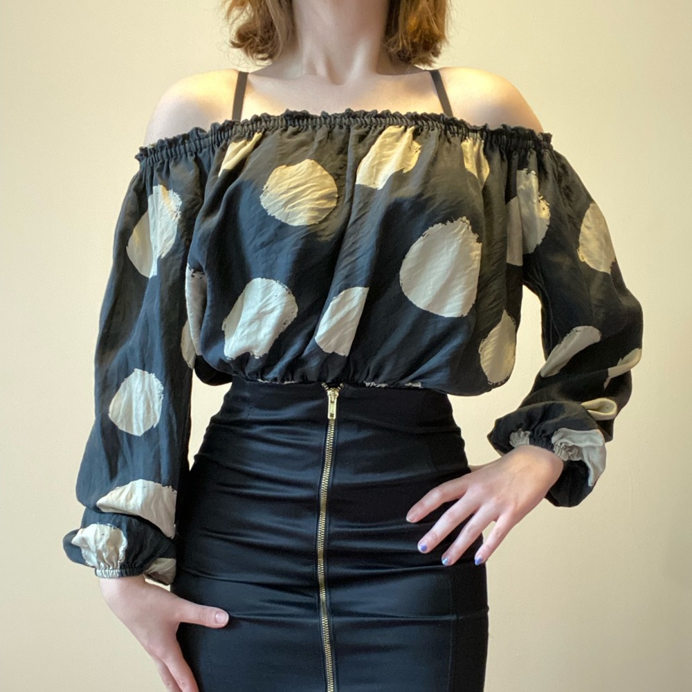 MICHAEL KORS OFF THE SHOULDER POLKADOT SILK BLOUSE